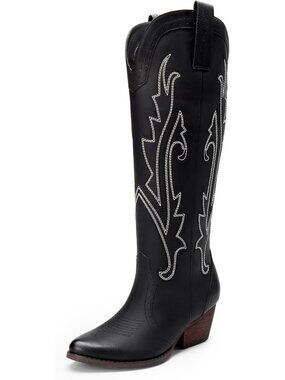 Women's Cowgirl Boots Knee High Square Toe Retro Black Chunky Heel Boots
